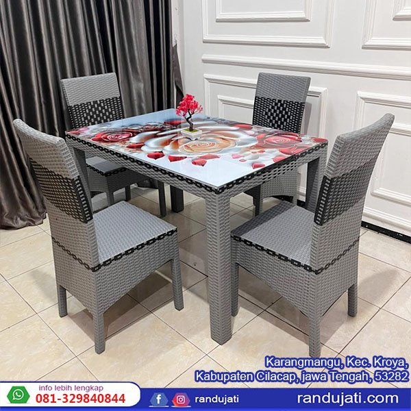 MEJA MAKAN ROTAN KACA KURSI 4 ABU